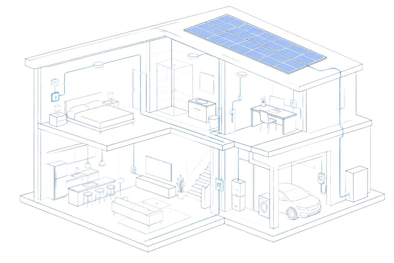Smart home cutaway showing integrated electrical systems